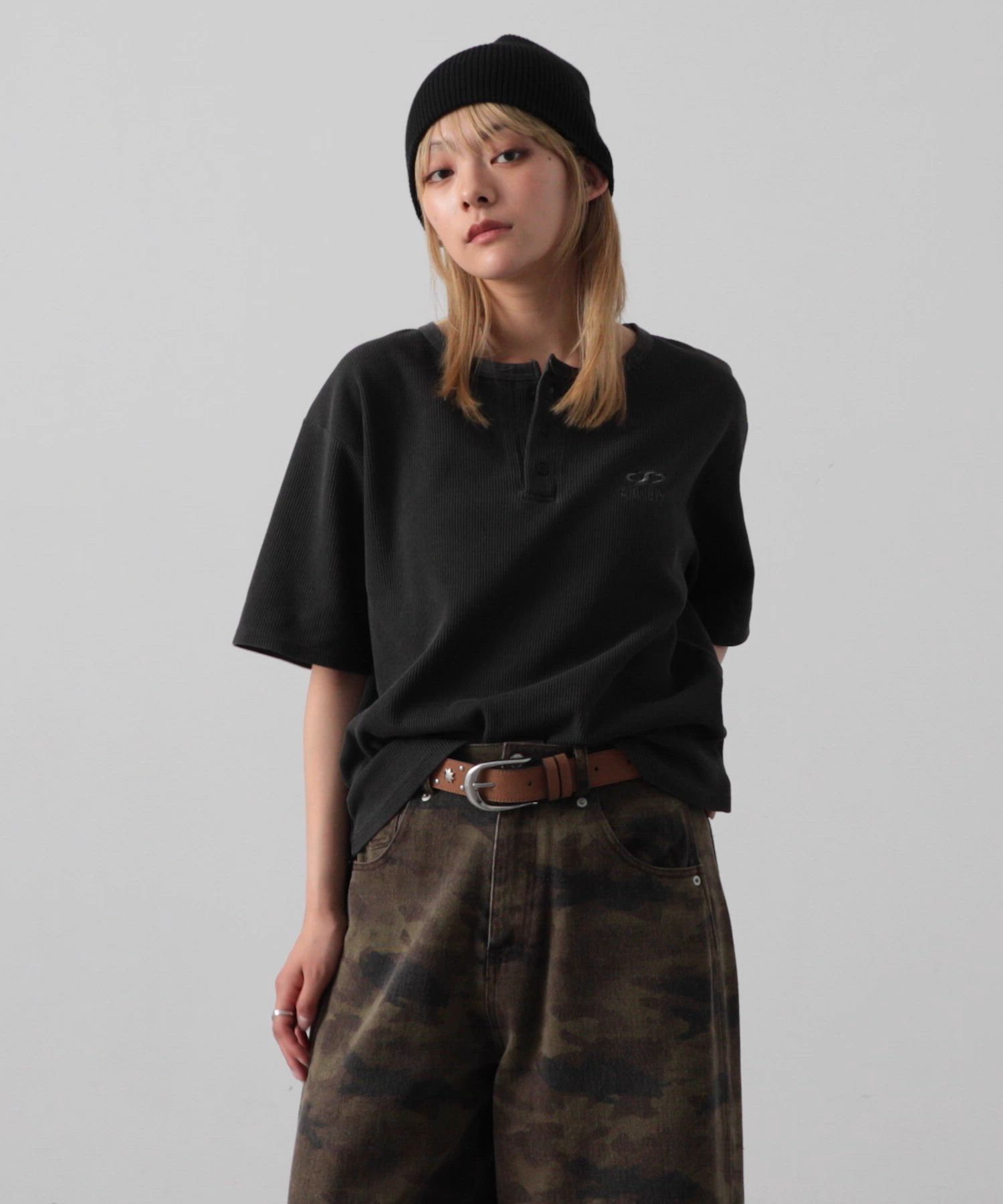 セール】【Snap club】クロップド ワッフル 半袖 ヘンリーネックT