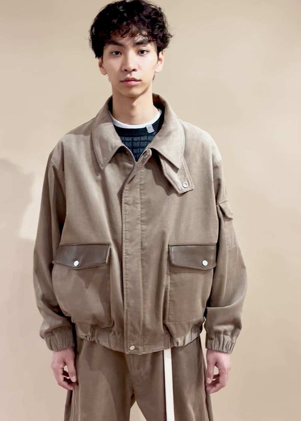 コーデュロイ×フェイクレザージャケット/Corduroy Harrington Jacket