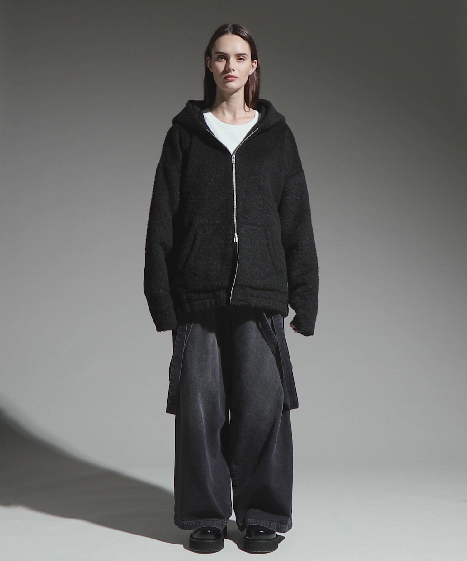 cussil/クシル】ダブルジップパーカーシャギーショート丈ブルゾン