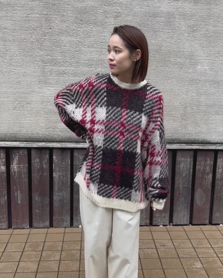 セール】チェック柄ジャガード ビッグシルエット クルーネック