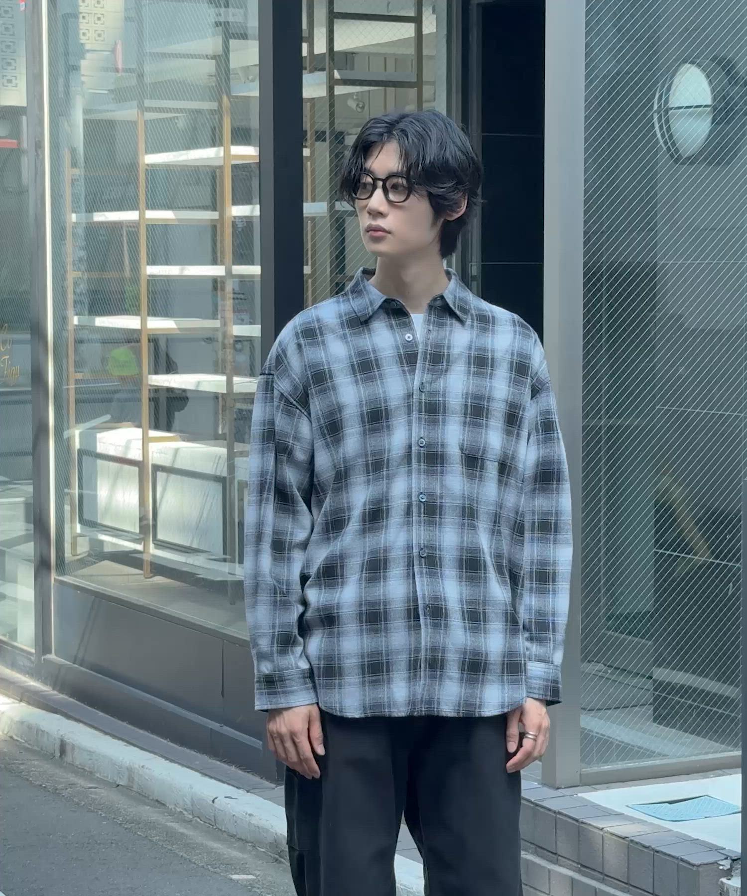 ステンカラーオーバーチェックシャツ ユニセックス) オンブレチェックオーバーサイズシャツ | ファッション