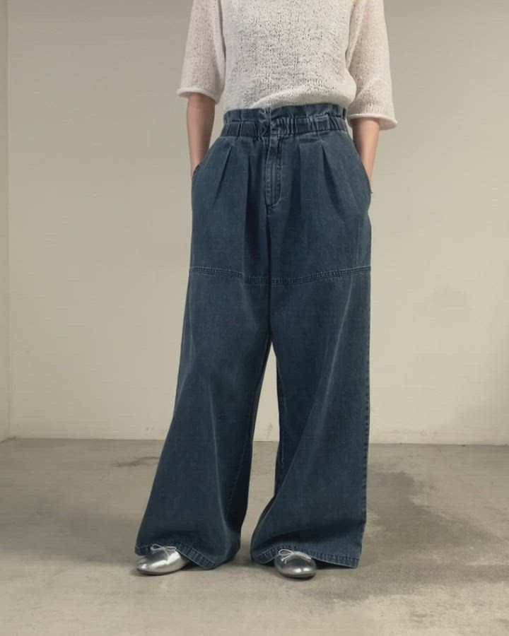 美品☆pelleqぺレック　ハイウエストバックギャザーデニムパンツ 38 ハイウエストBACKクロスUSEDケミカルウォッシュスキニーデニムパンツ