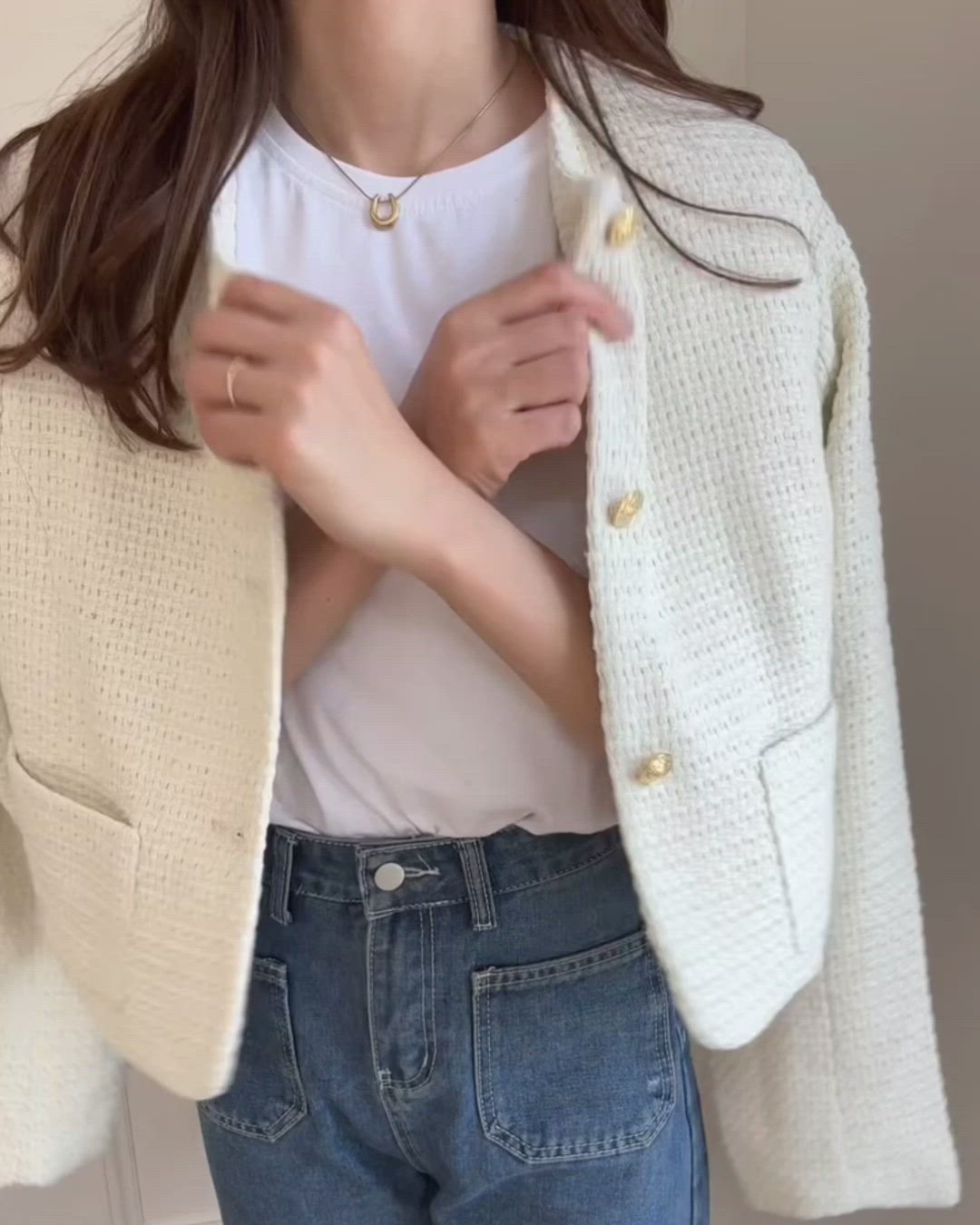 セール】金ボタンツイードジャケット（ノーカラージャケット）｜LAUIR