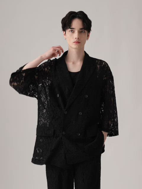 CLEL】Loose Cord Lace Short Sleeve Double Tailored Jacket/ルーズ