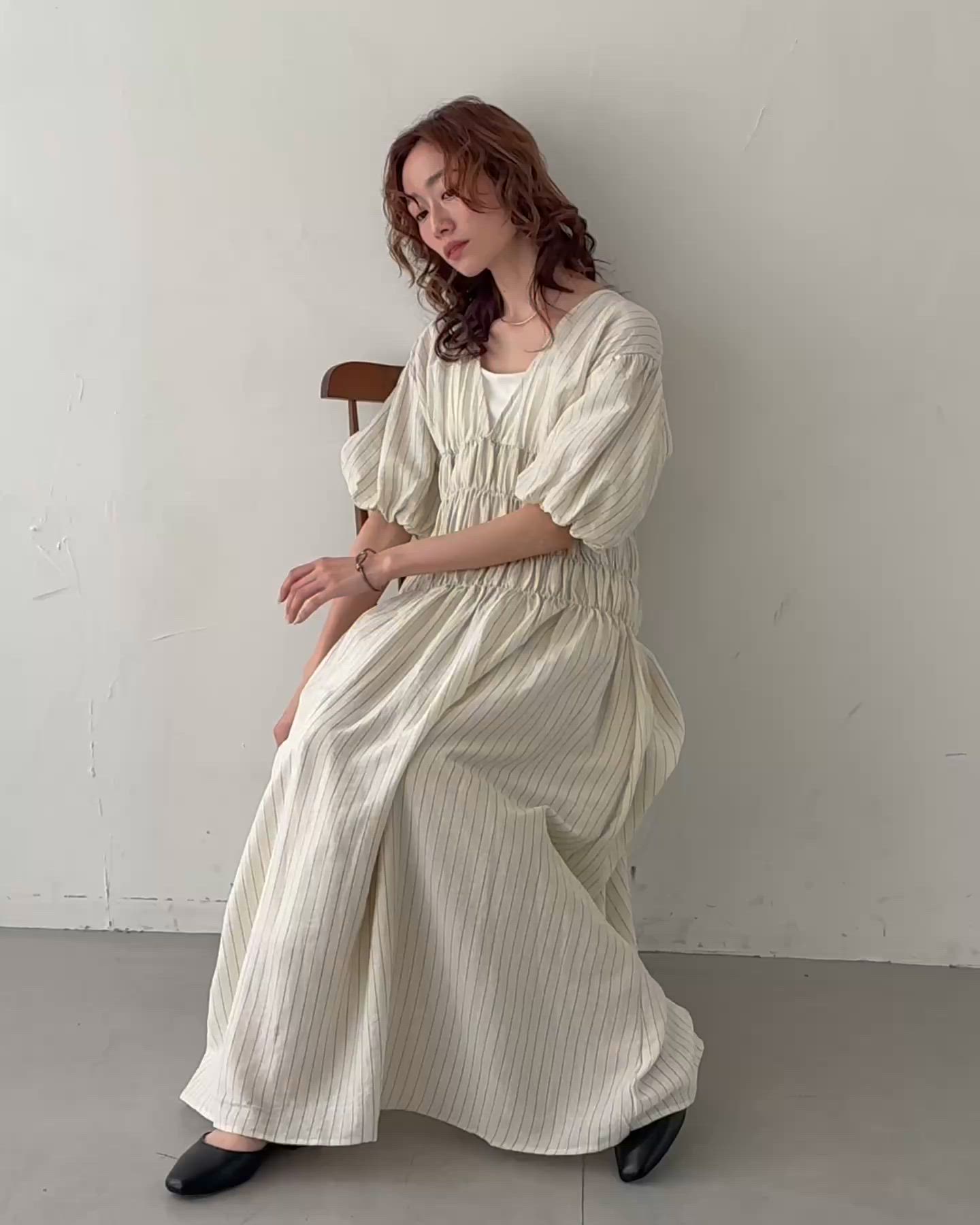 セール】【CLEIO】シャーリングストライプワンピース SHIRRING STRIPE