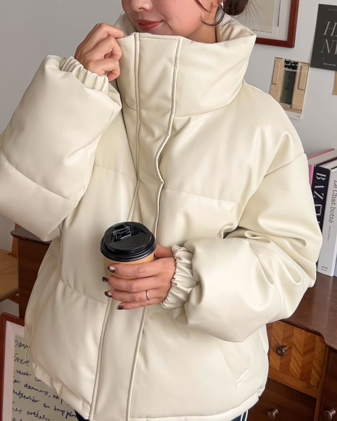 セール】スタンドカラーファイバーダウンソフトフェイクレザーブルゾン