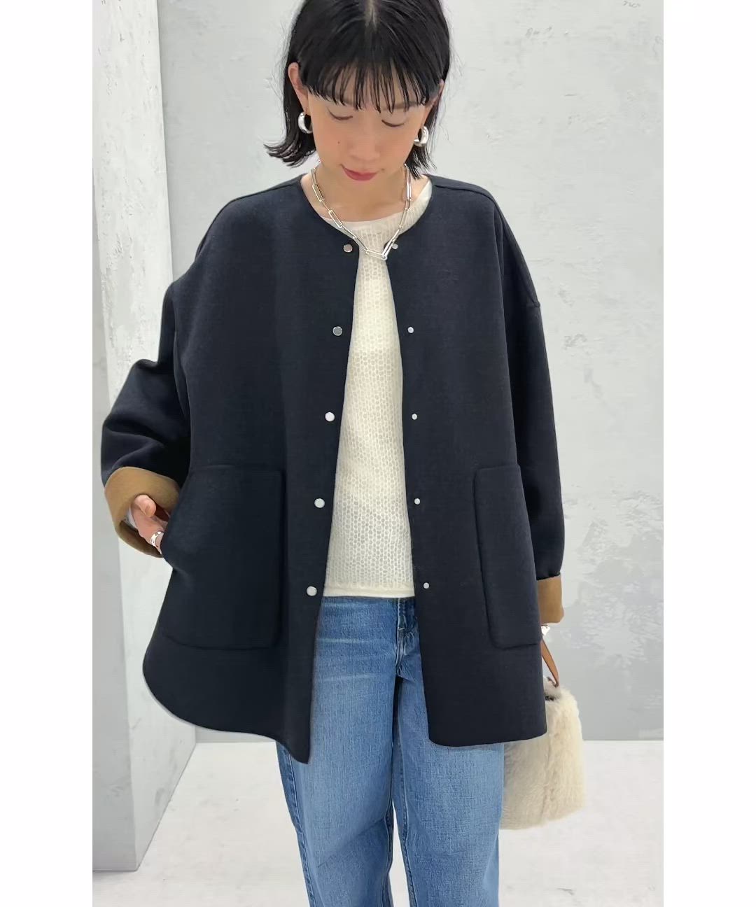 セミ 梳毛 配色 リバーシブル ノーカラー ショート コート（ノーカラー