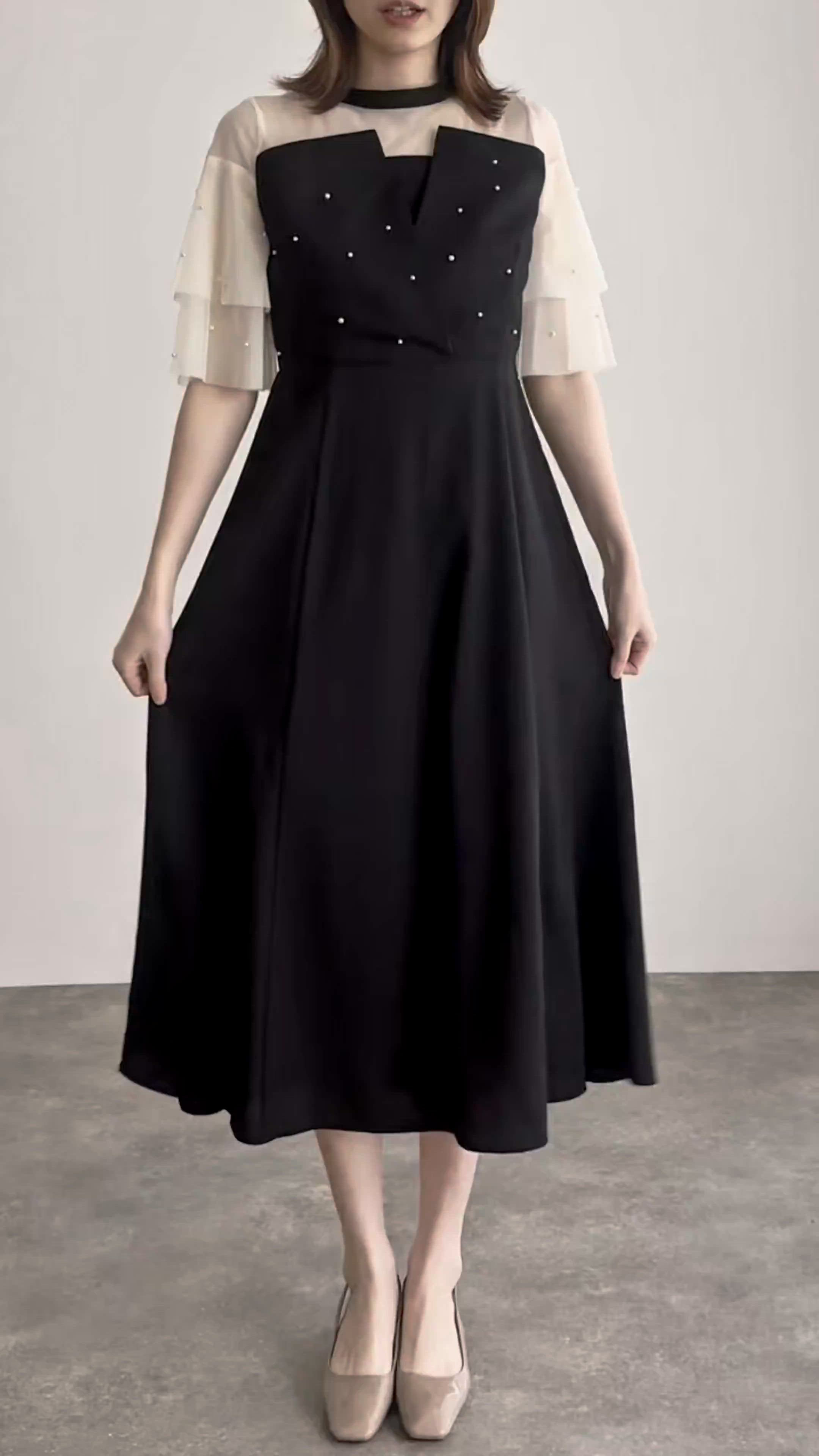 パールつきビスチェ風ドレスロング&袖ありフォーマルお呼ばれ結婚式