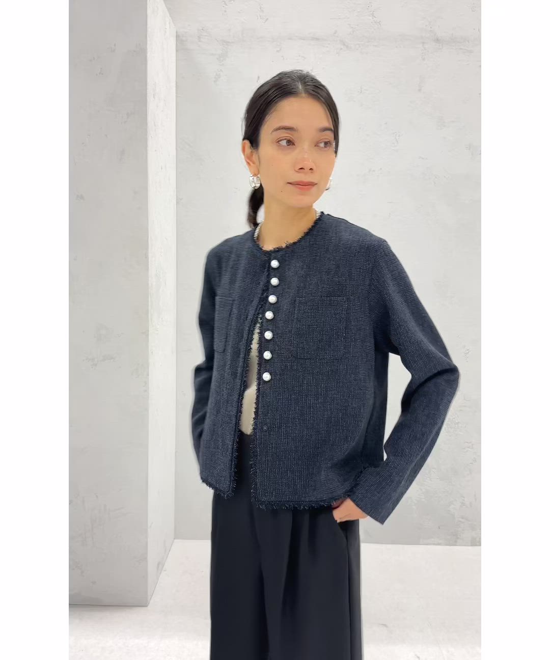 手洗い可能〉ストレッチ ツイード パール ボタン ジャケット（ノー