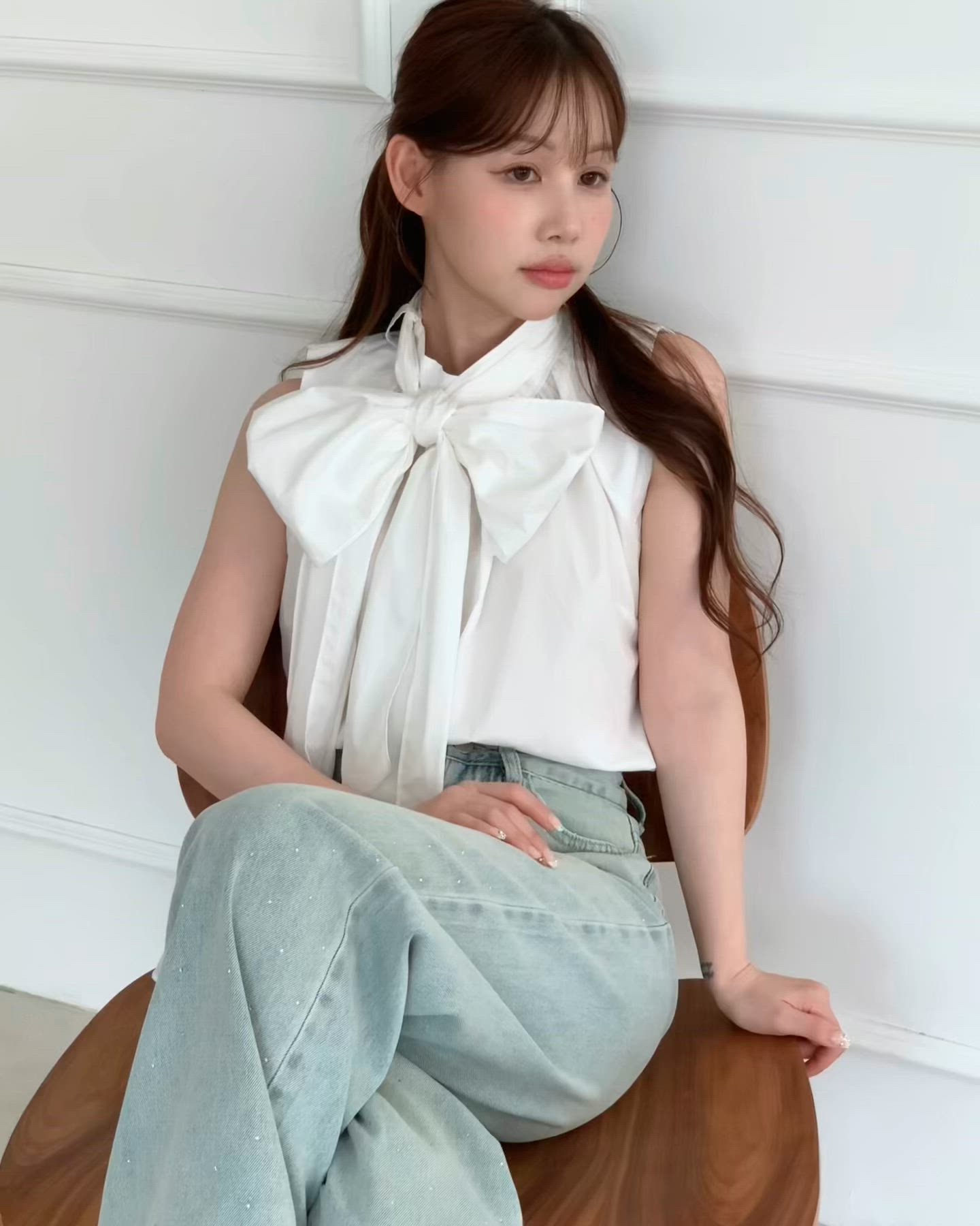 Rene 上品リボン襟ブラウス34新品同様　foxey 着用動画あり！】フェミニンハーフネックリボンタイノースリーブ