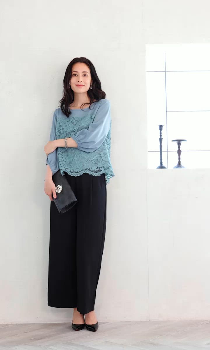 パンツドレス】レース7分袖トップス＆スラックスセットアップ
