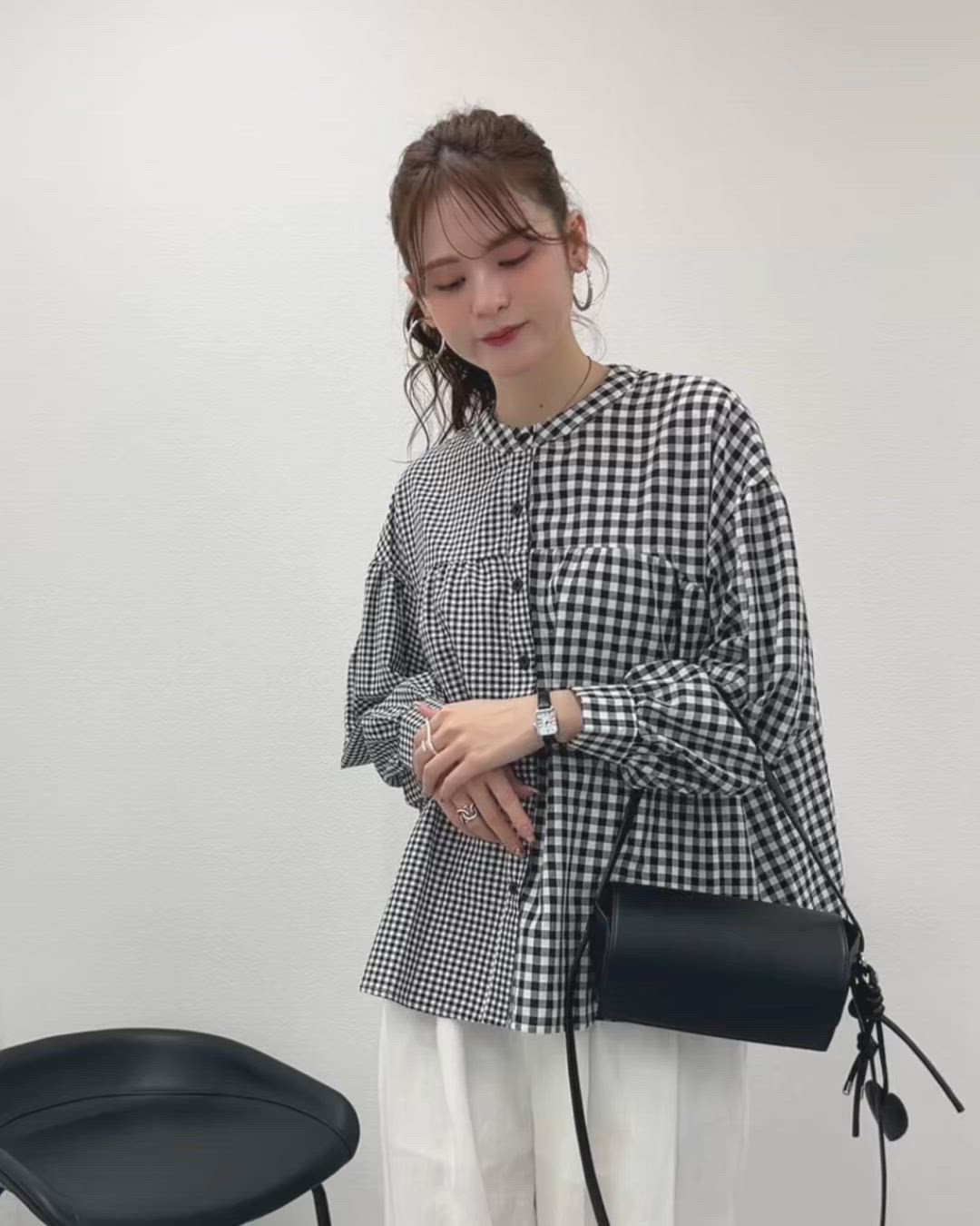 セール】asymmetry check volume sleeve blouse /アシンメトリー