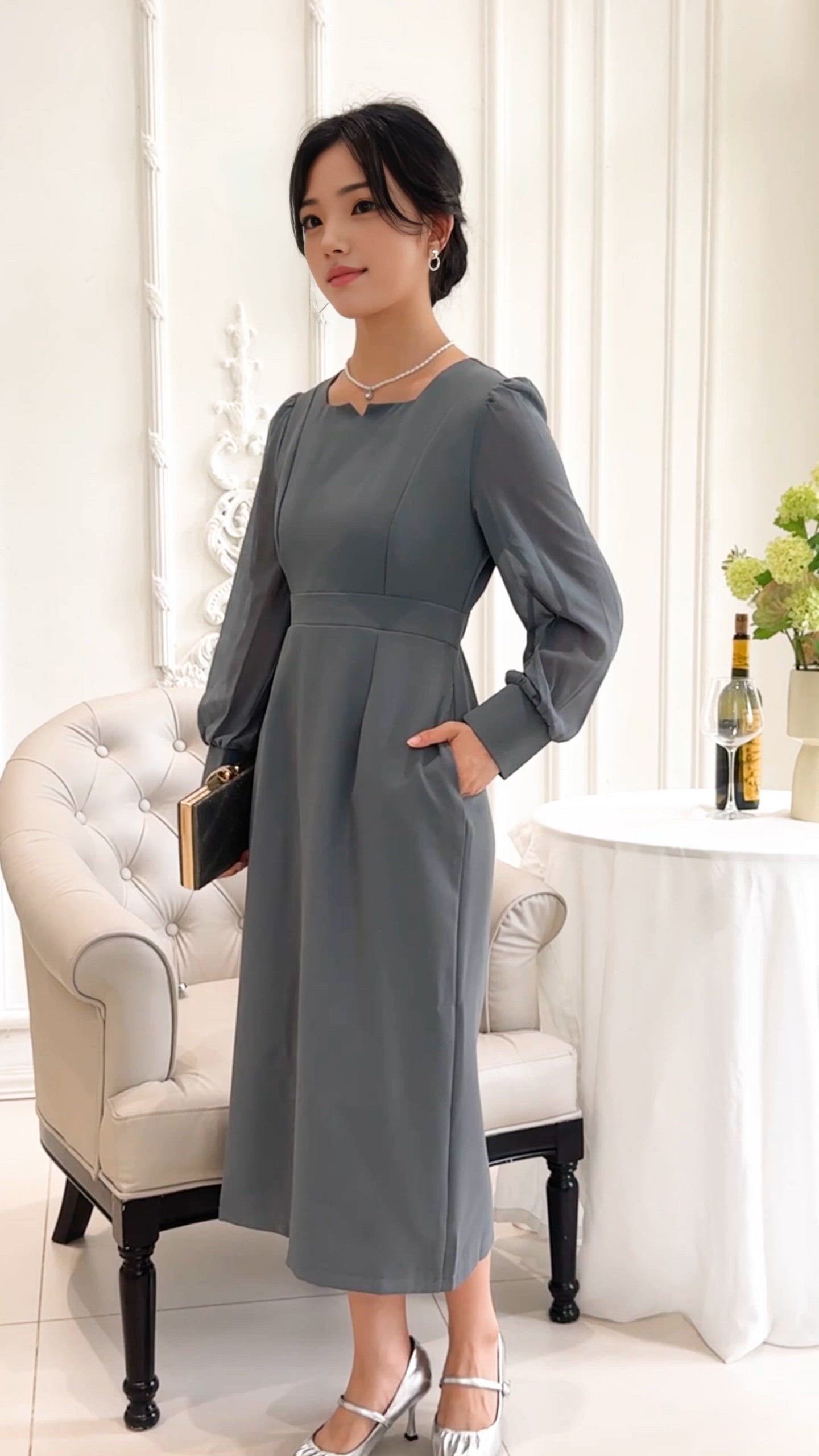 セール】スクエア キーネック ハイウエスト タイト ワンピース（ドレス