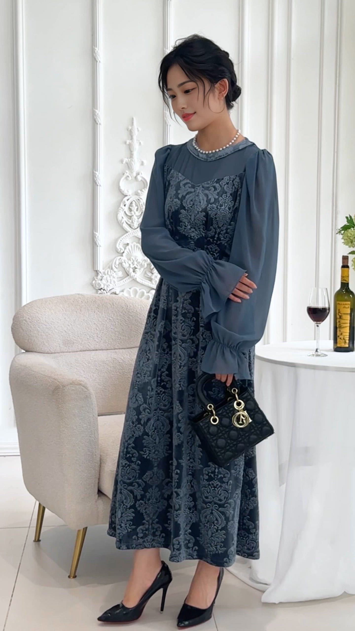 ダマスク柄 シフォン ドッキング キャンディ スリーブ ワンピース