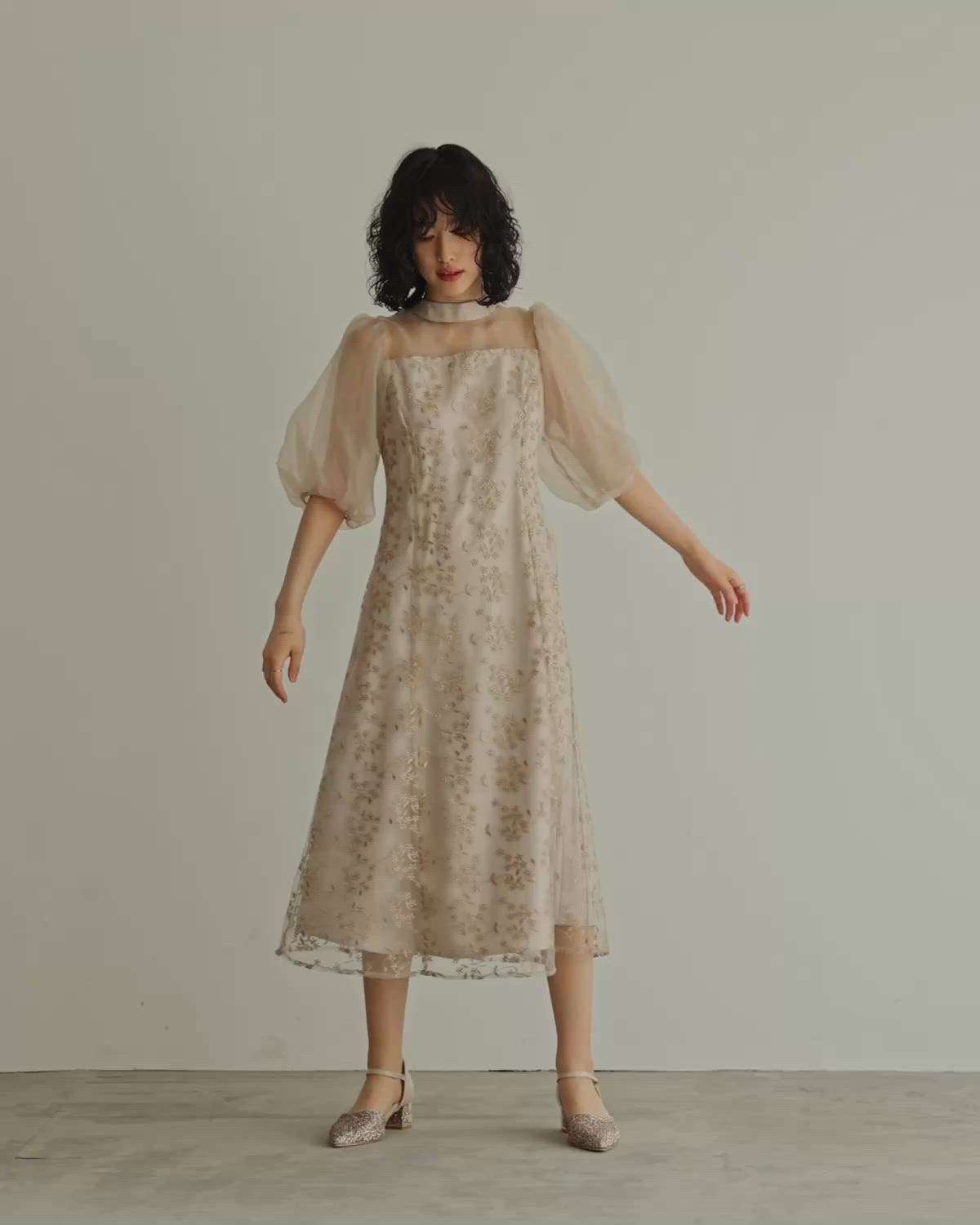 低身長用サイズあり】オーガンジーパフスリーブ刺繍レースドレス 結婚