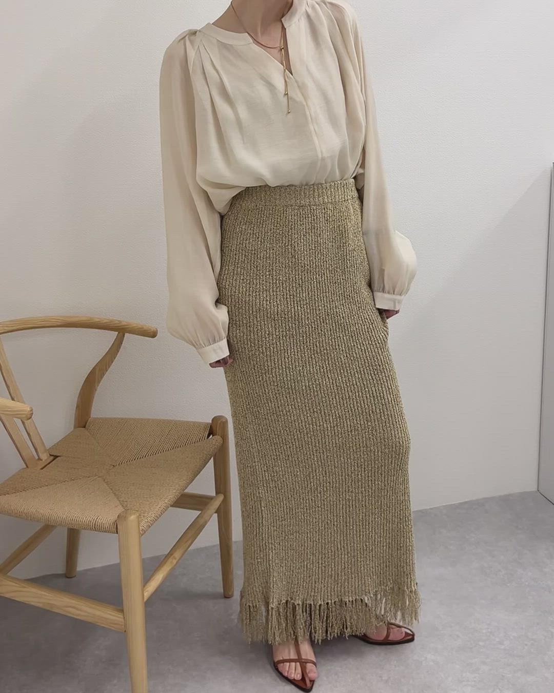 fringe long lib knit skirt /裾フリンジ ロング リブ ニット スカート