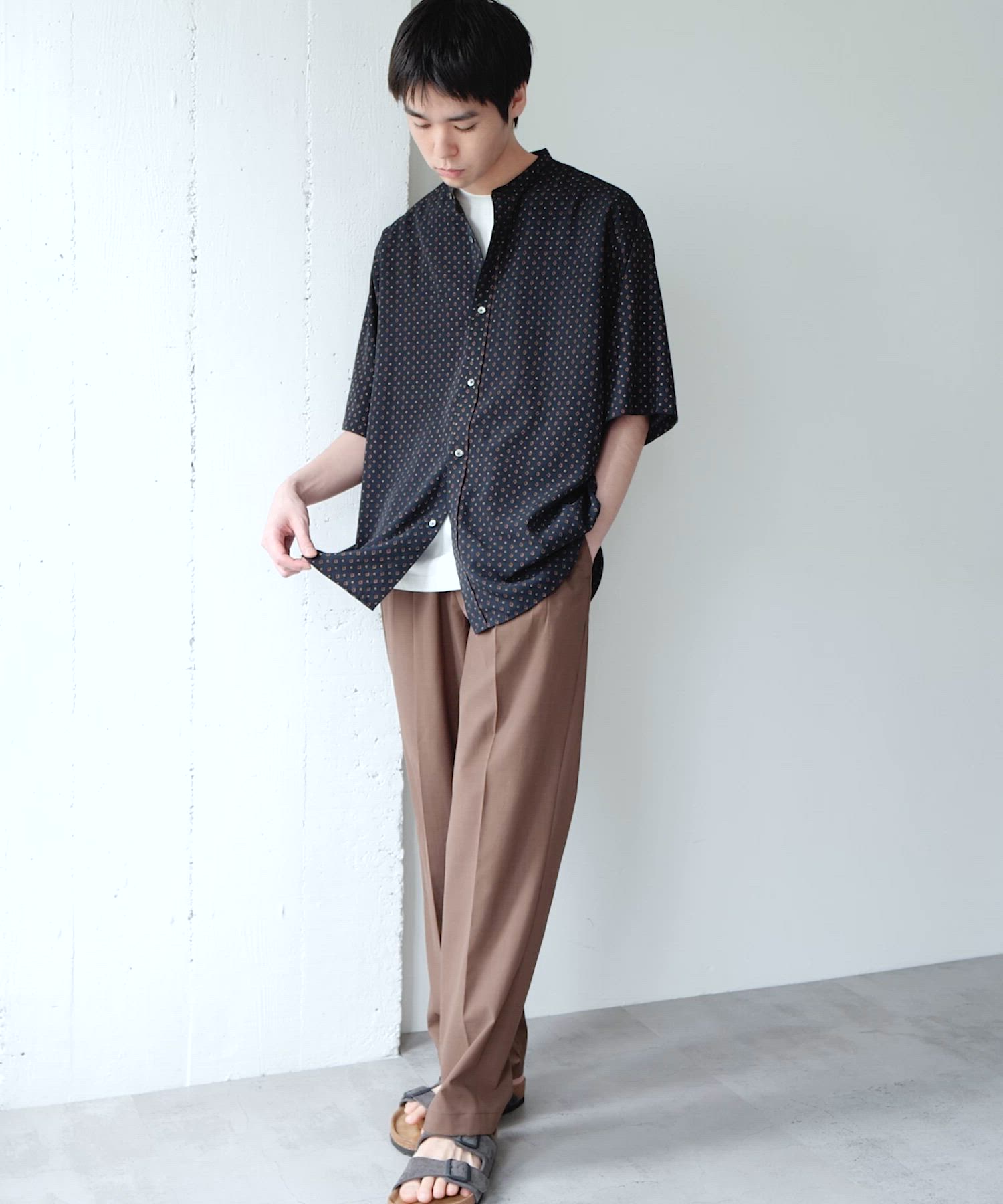 セール】バンドカラーショートスリーブ 総柄シャツ（シャツ/ブラウス