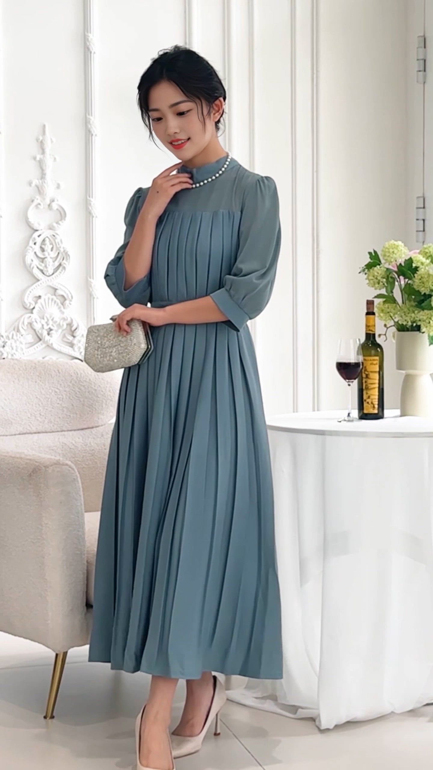 セール】シアー ドッキング ロング プリーツ ワンピース（ドレス