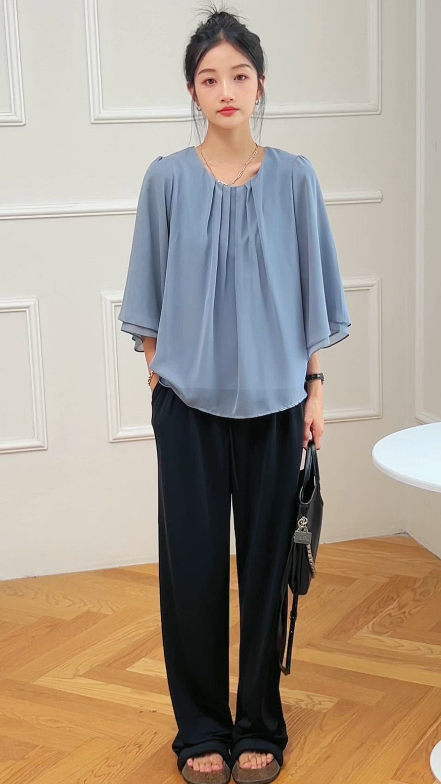 セール】フロントタック シアー 7分袖 フレア プルオーバー（シャツ