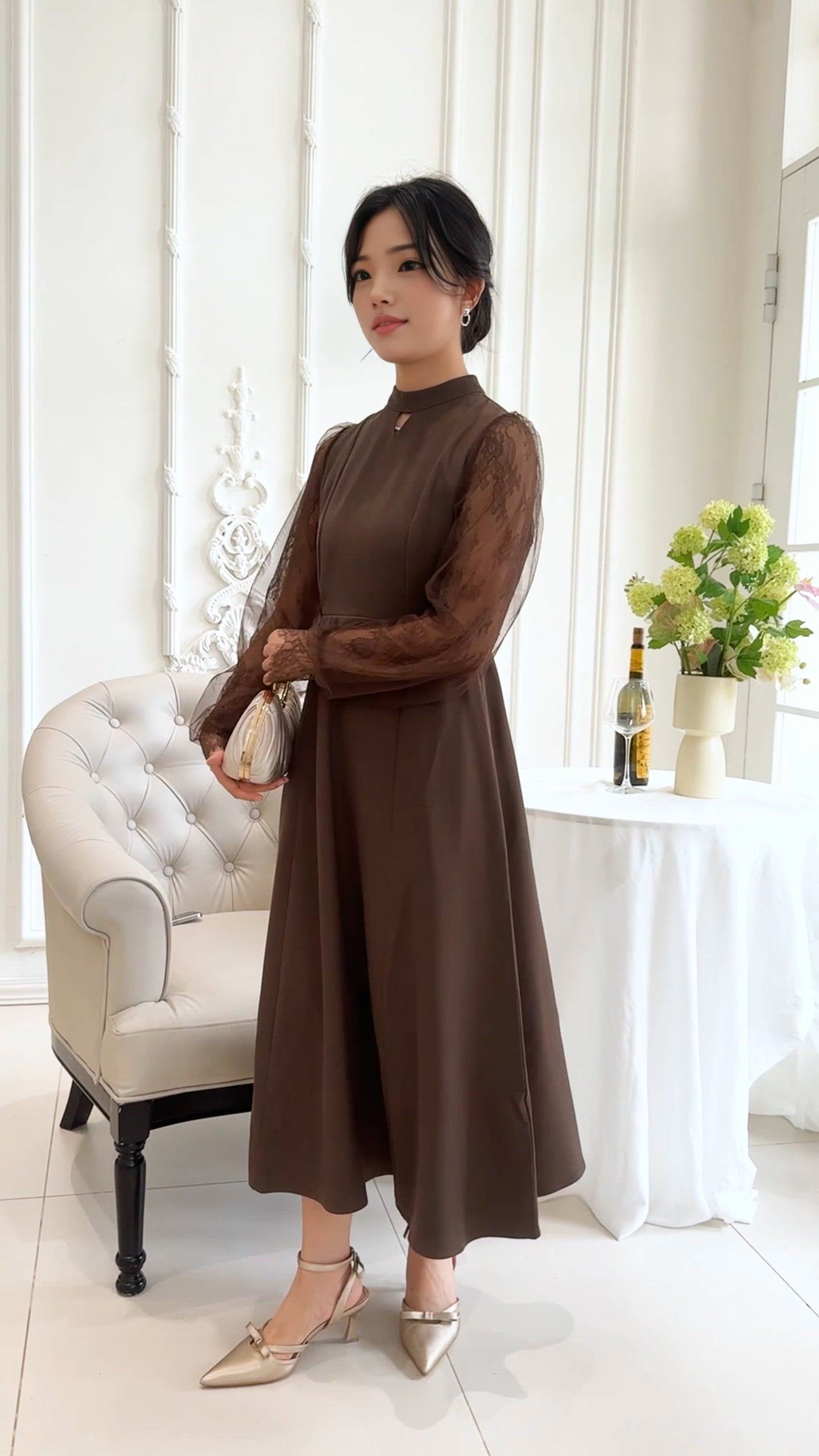 セール】プチハイネック レース ドッキング ロング ワンピース（ドレス