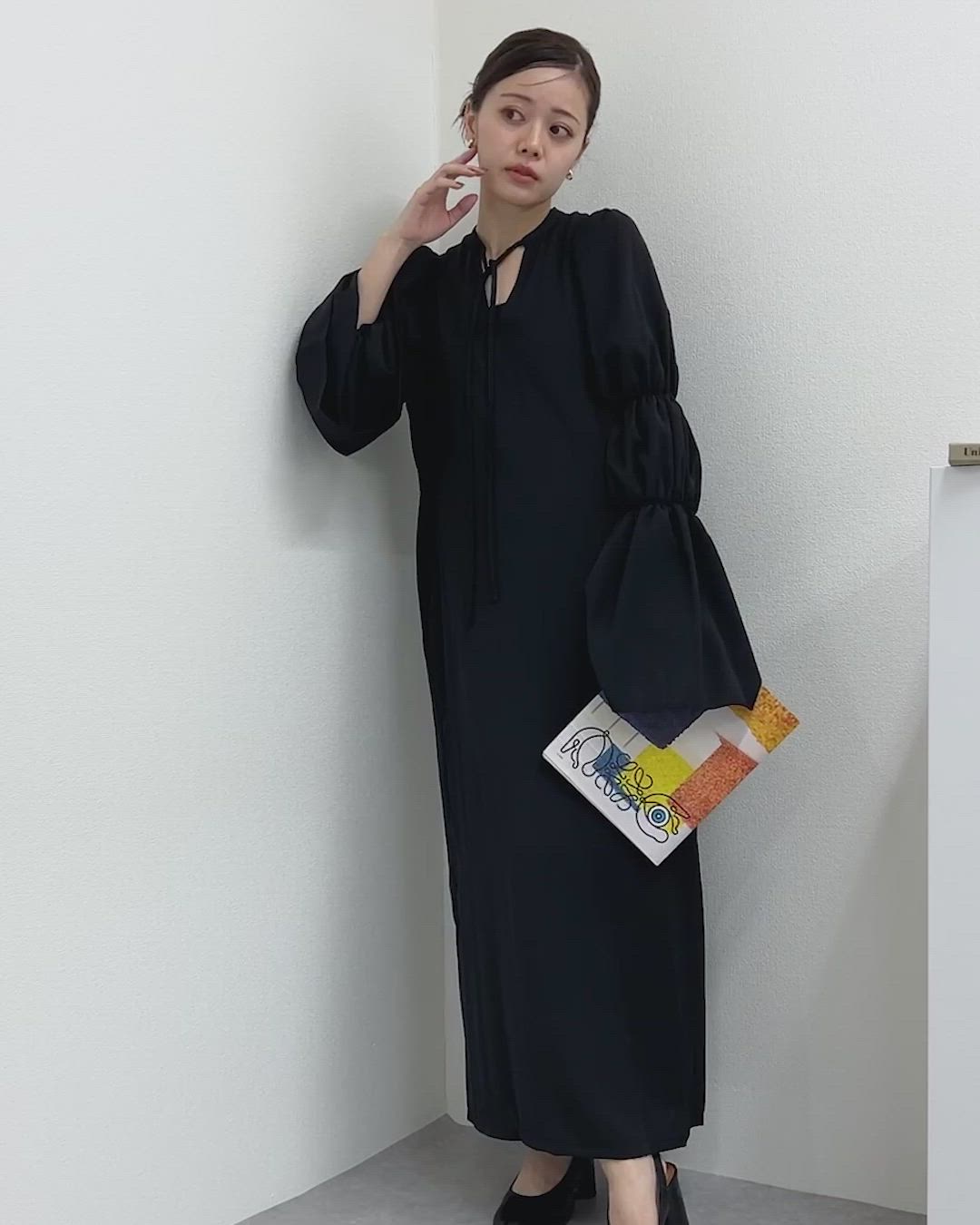 shirring sleeve long one piece /リボン付き シャーリングスリーブ