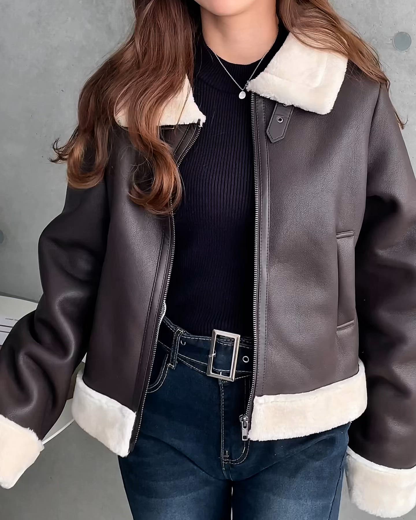 セール】フェイクレザー×フェイクファームートンショートブルゾン