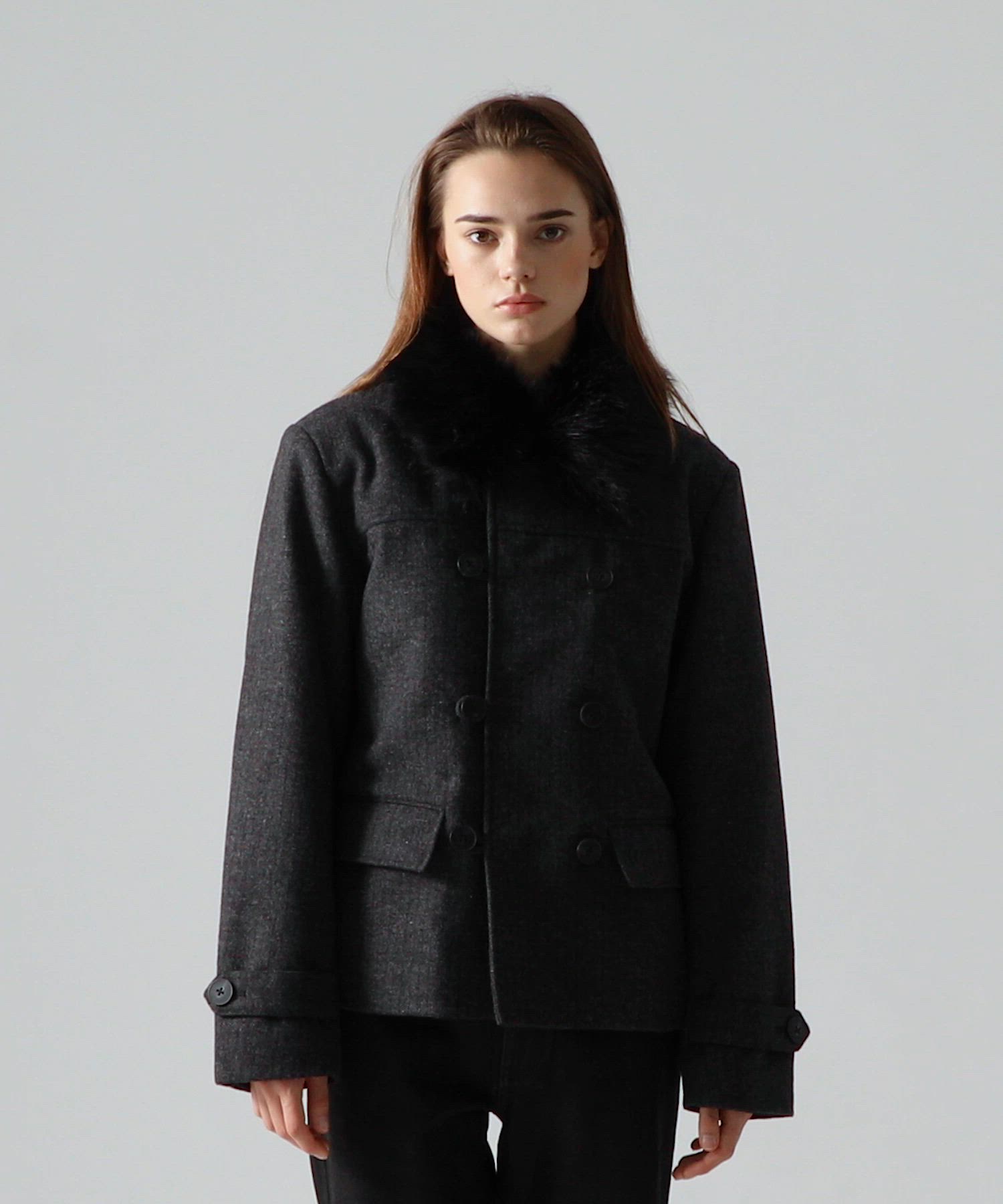 CLEL】Wool Blend Herringbone Tweed 2way Short P Coat / ウール