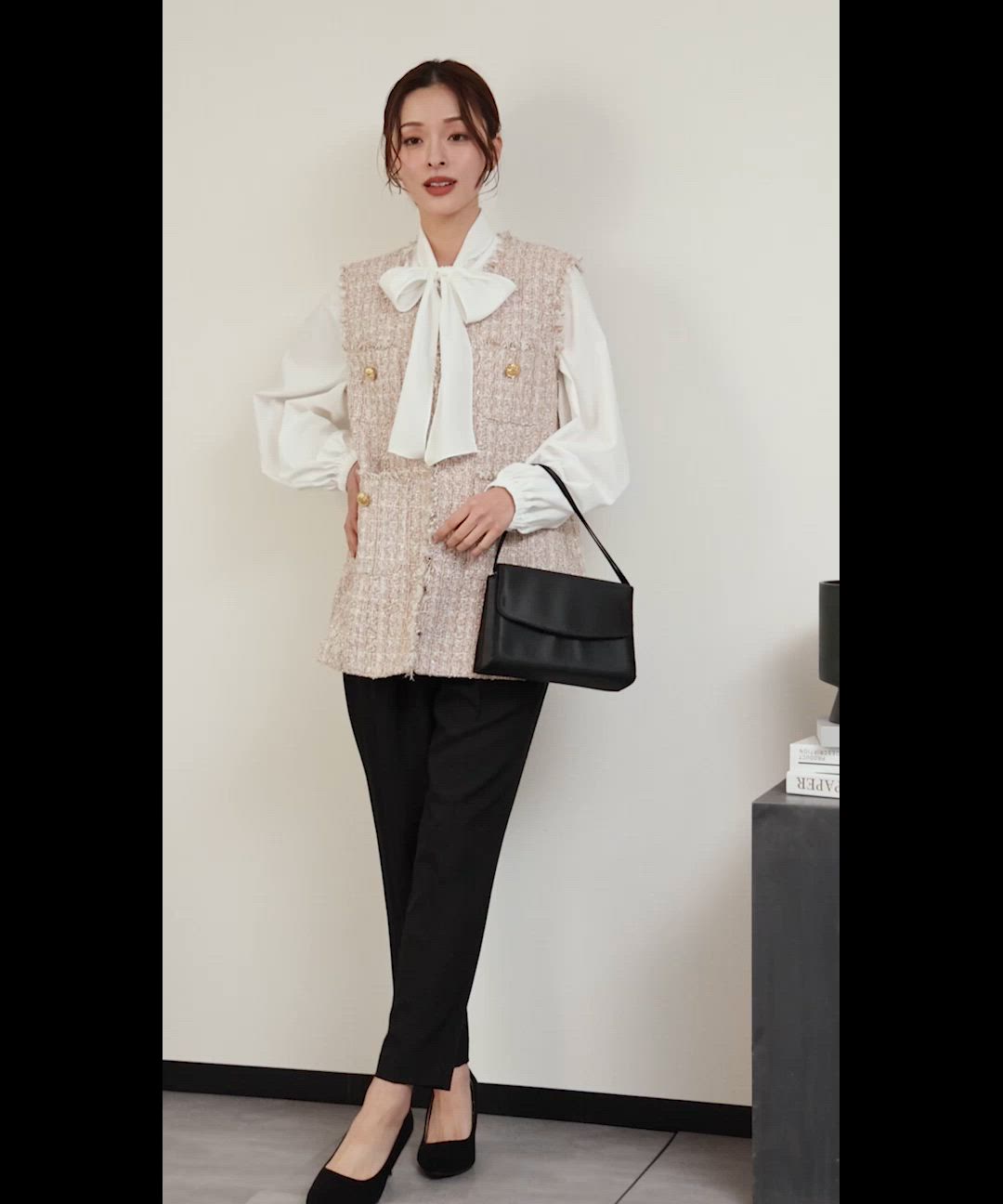 セール】【3点セット】ツイードベスト ボウタイブラウス テーパード