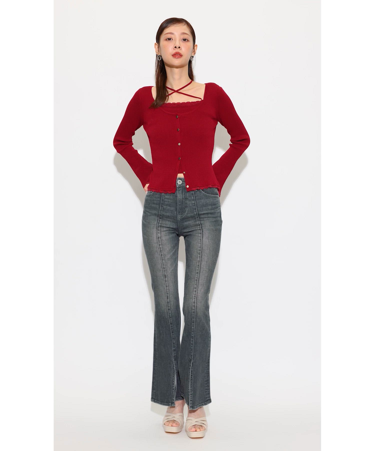 rienda レースアップハイウエストデニムパンツ レースアップハイウエストデニムパンツ 春服（デニムパンツ）｜rienda