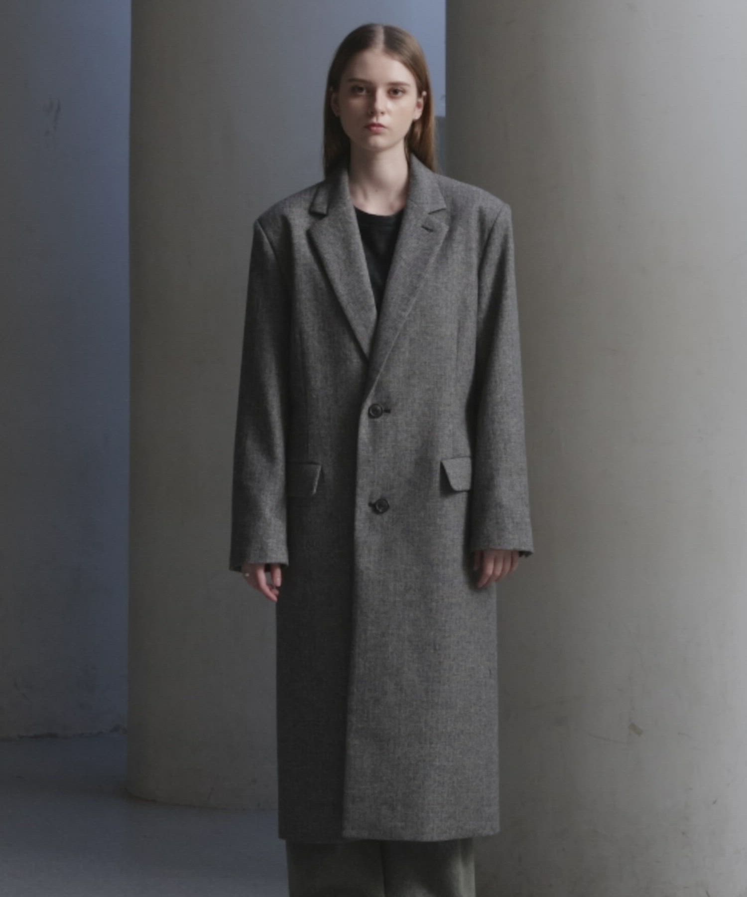セール】【CLEL】Wool Blend Herringbone Tweed Coat / ウールブレンド