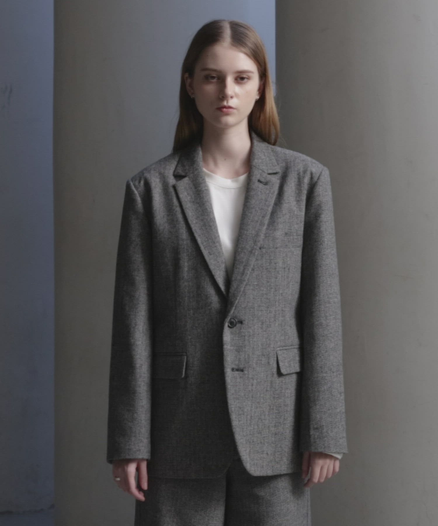 CLEL】Wool Blend Herringbone Tweed Tailored Jacket / ウール