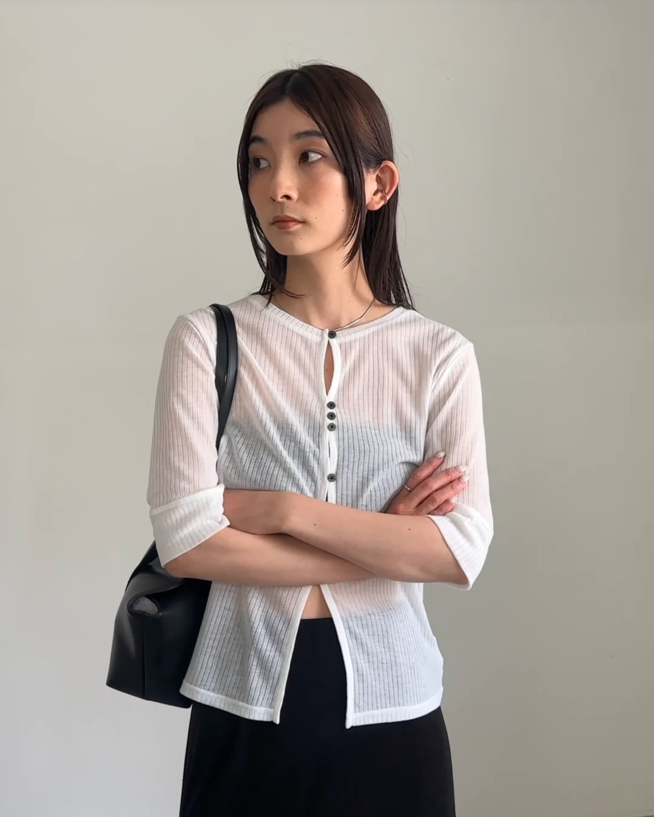【未使用タグ付き】t.b★センソユニコ★洗える シアーなカットソー 水玉 変形 シアーリブカーディガン