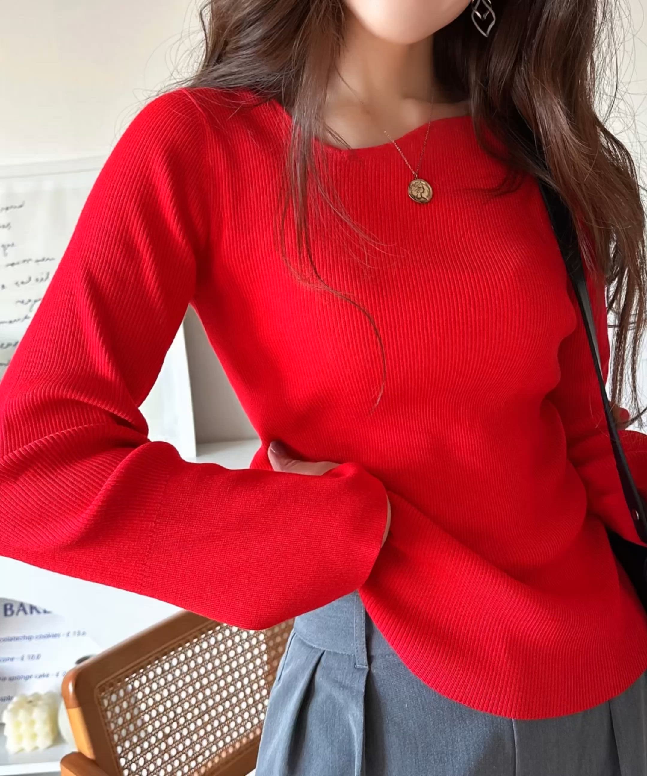 PINUE ラインニットトップス レッド ビジューニットタンク＆カーディガンSET（RED） - PINUE