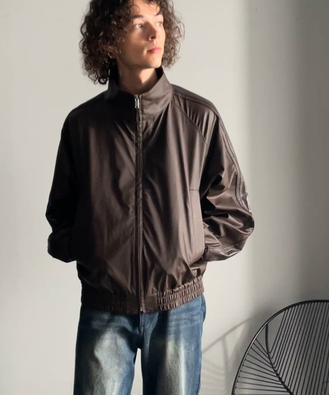 セール】ハイネック フェイクレザー トラックジャケット／High-Neck
