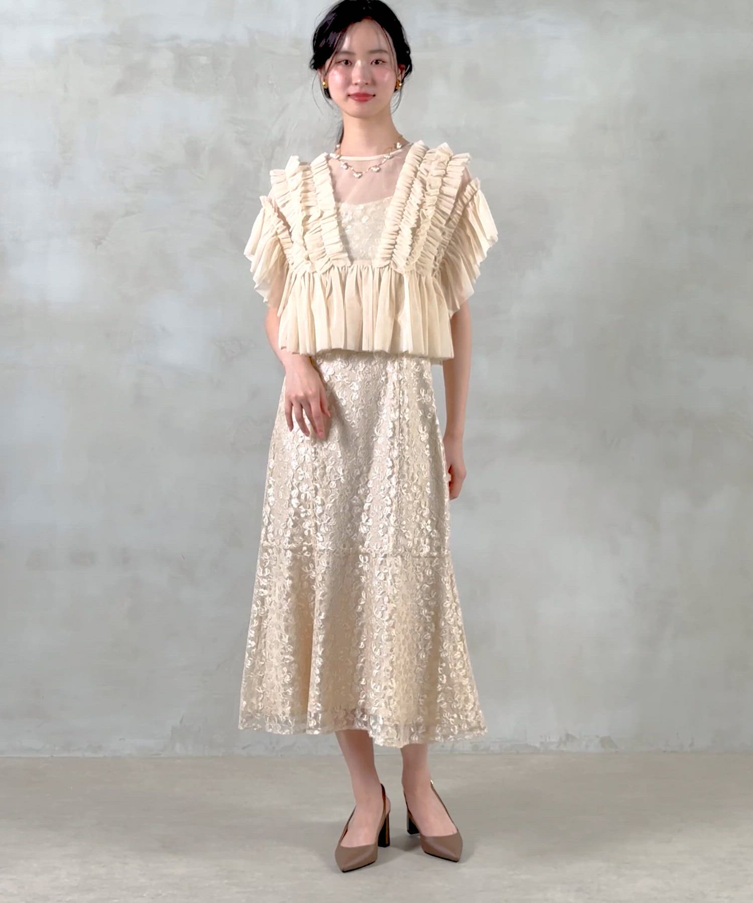 セール】ラメ花柄刺繍レースチュール フリル ボレロ フレアワンピース
