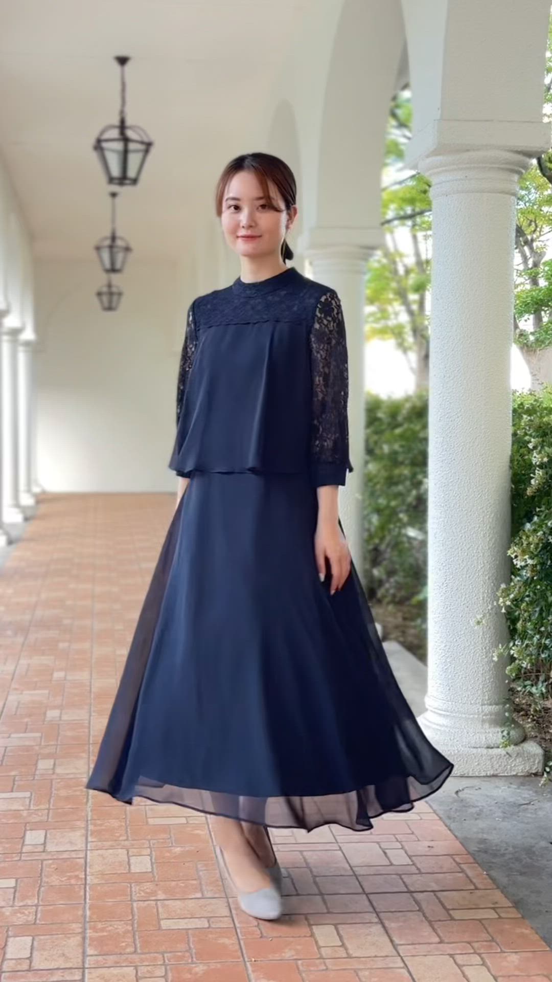 レース切替ドッキングスタンドカラーワンピースドレス＜大きいサイズ有