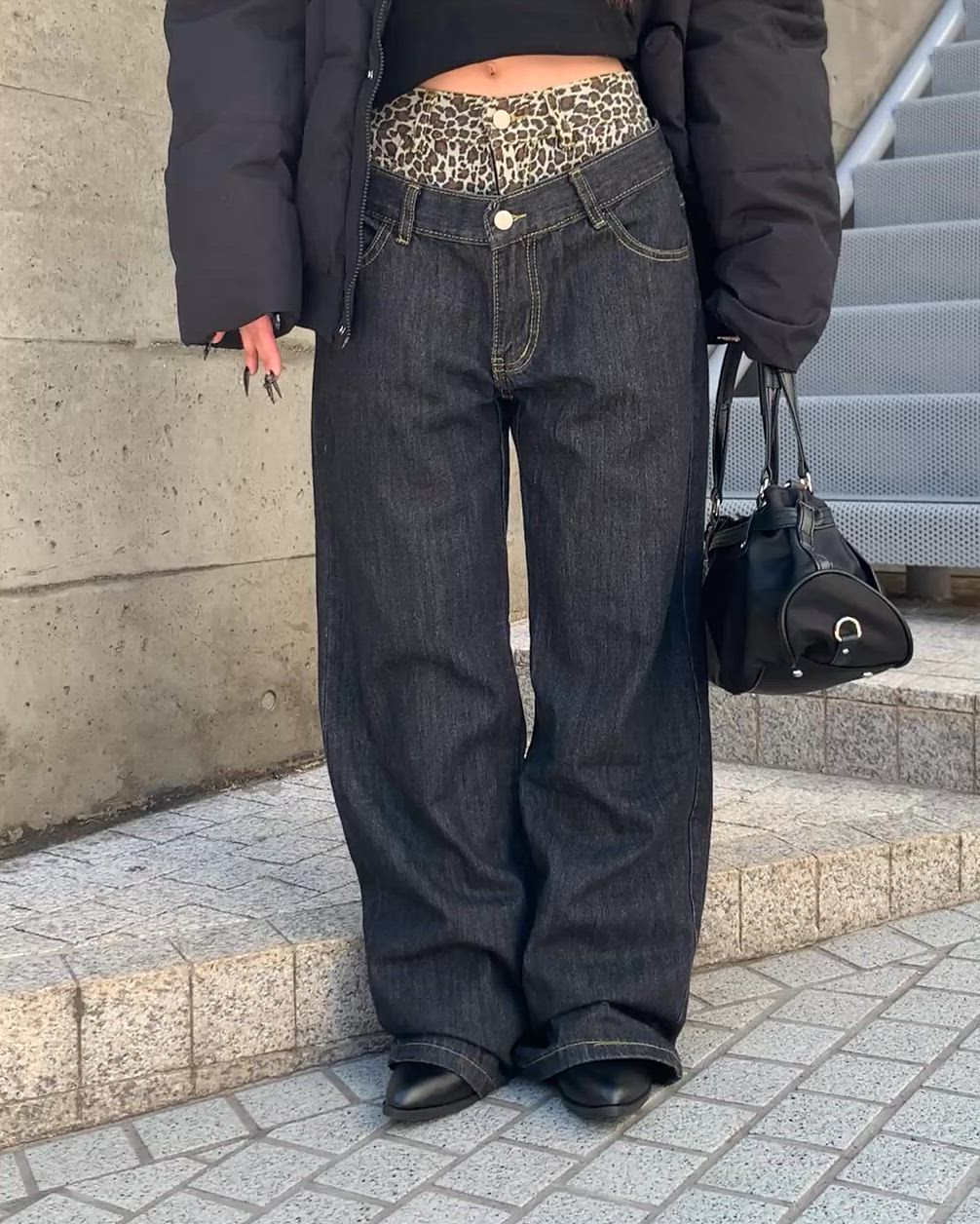 セール】ダブルウエスト レオパード柄 ワイドデニムパンツ フェイク