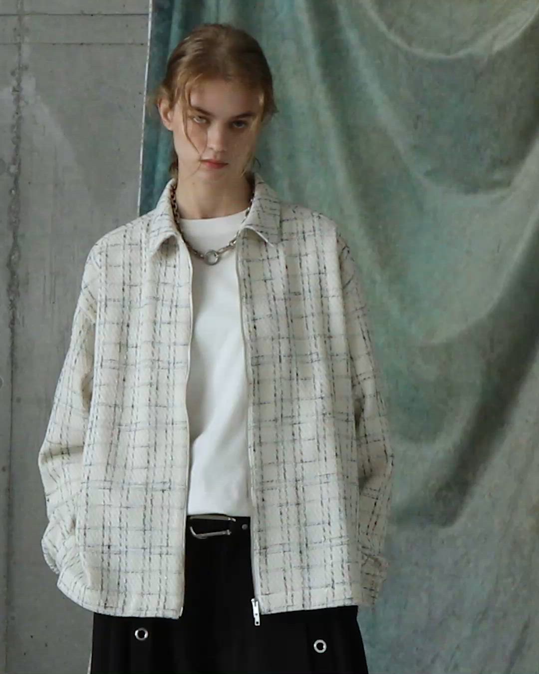 _2teru9  SERACE】Loose wide regular collar tweed zip shirt / ルーズワイド