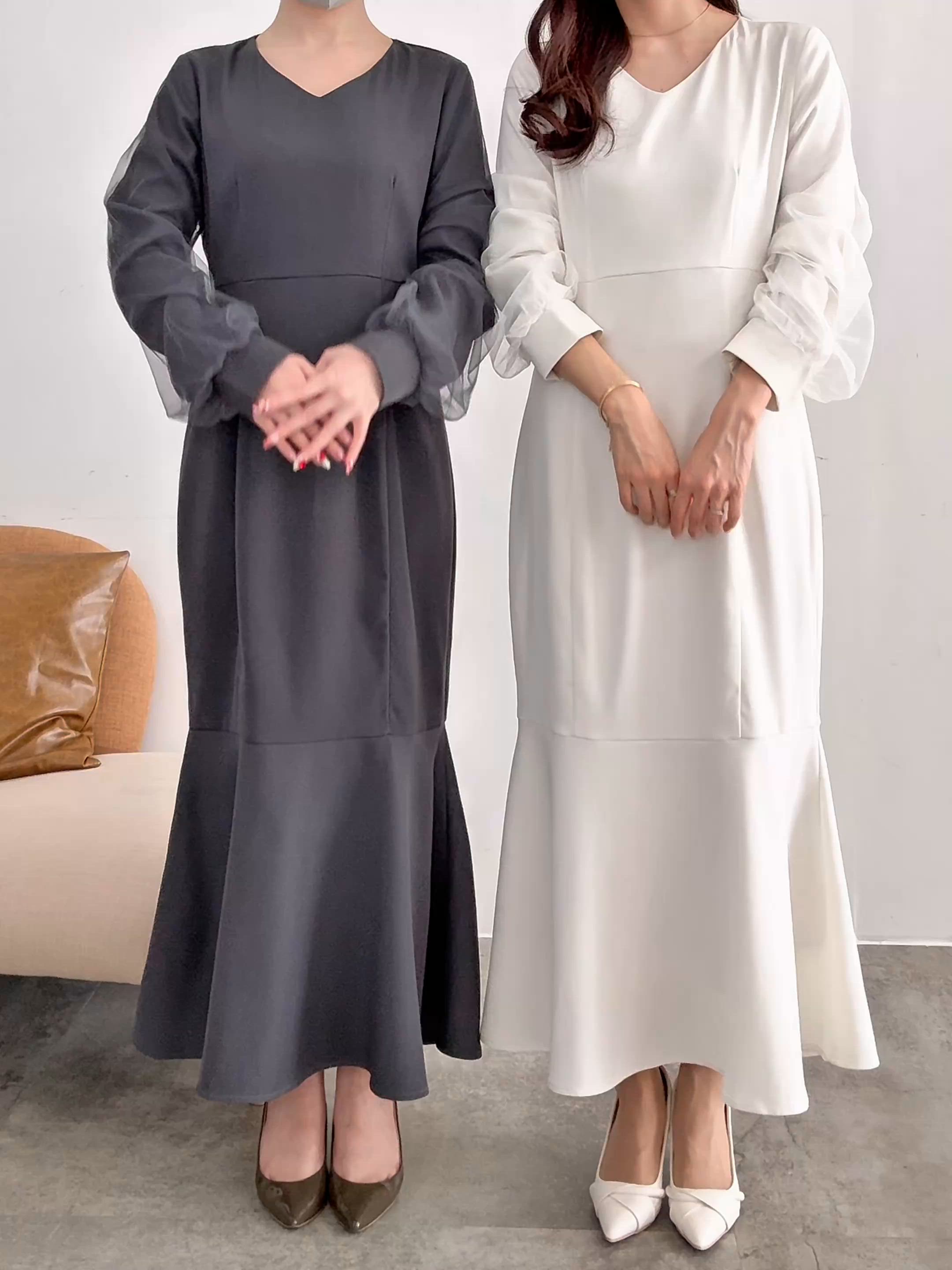 セール】Vネックシアースリーブマーメイドワンピース（ワンピース