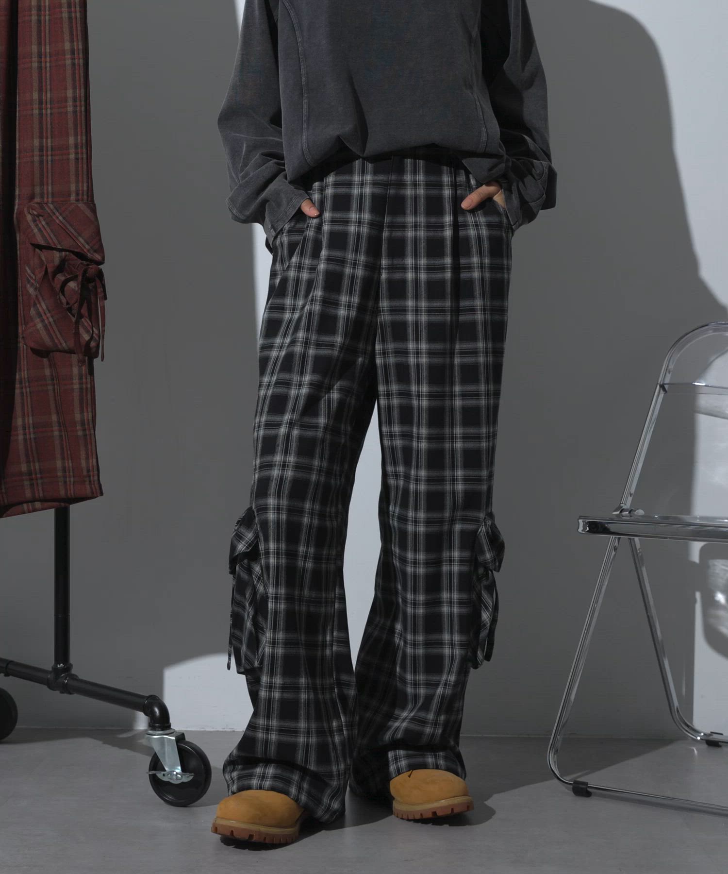 オンブレチェックドローコードワイドストレートカーゴパンツ（カーゴ