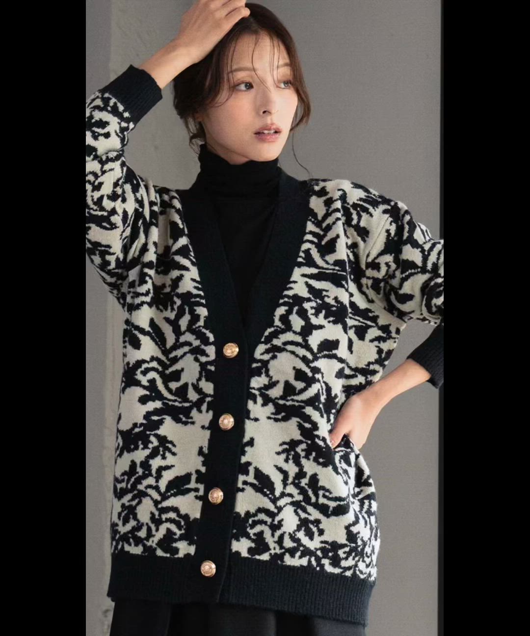 セール】【2025AW】Vネック ジャガード ニット カーディガン リーフ柄