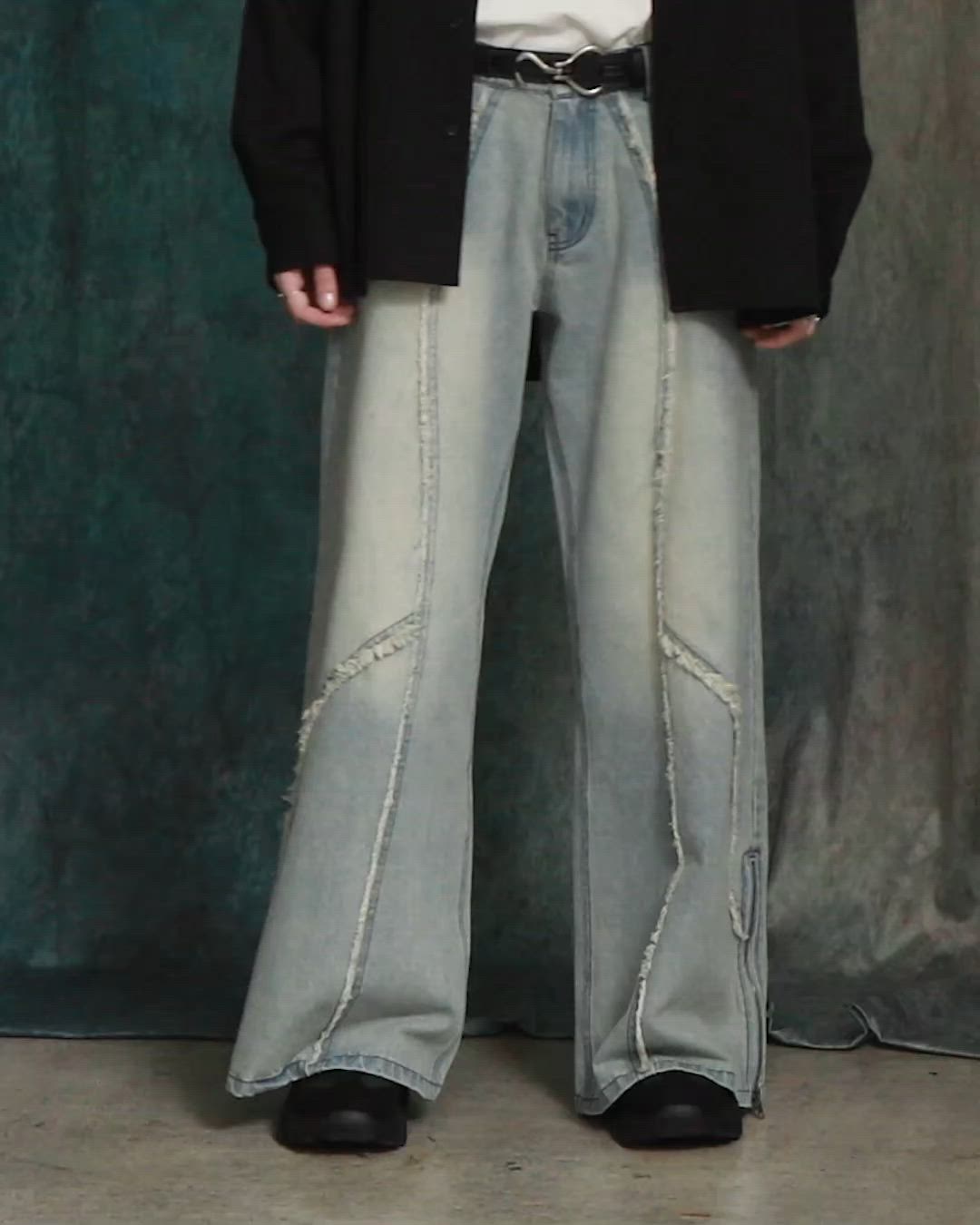 SERACE】Vintage design fringe zip wide flare denim pants