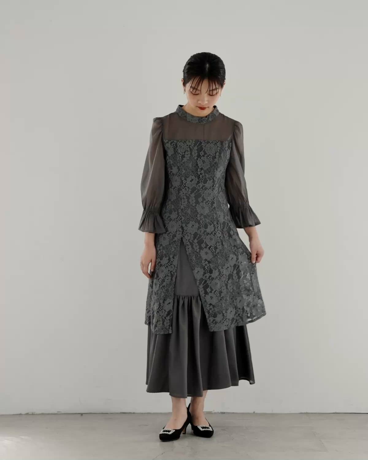 セール】シャーリングスリーブ花柄レースドレス 結婚式 成人式 同窓会