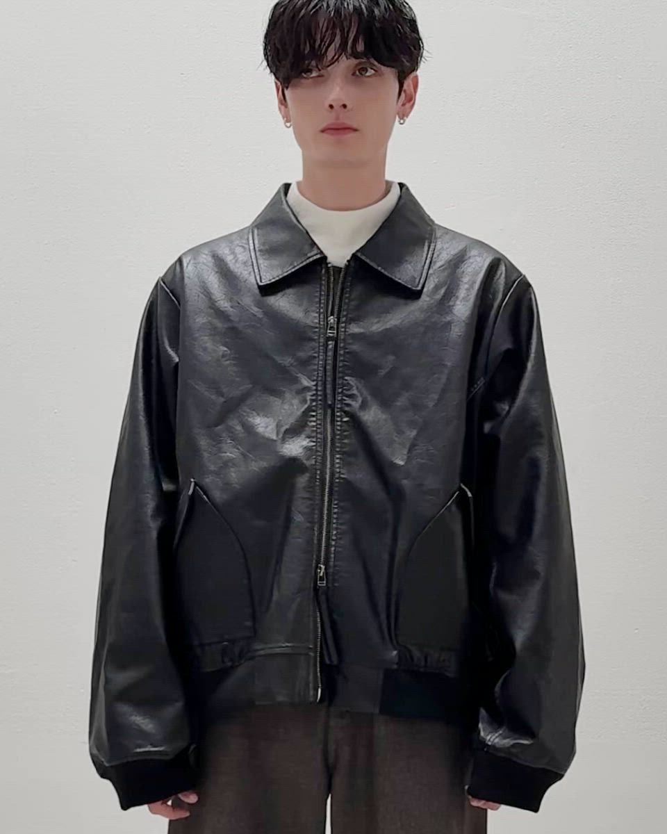 中綿入り ヴィンテージPU合皮ショート丈ブルゾン（ブルゾン