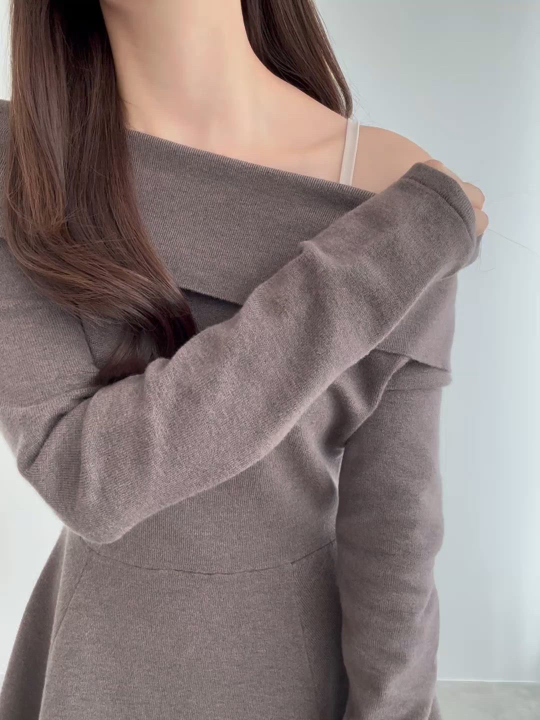 セール】オフショル風スクエアネックミニニットワンピ（ワンピース