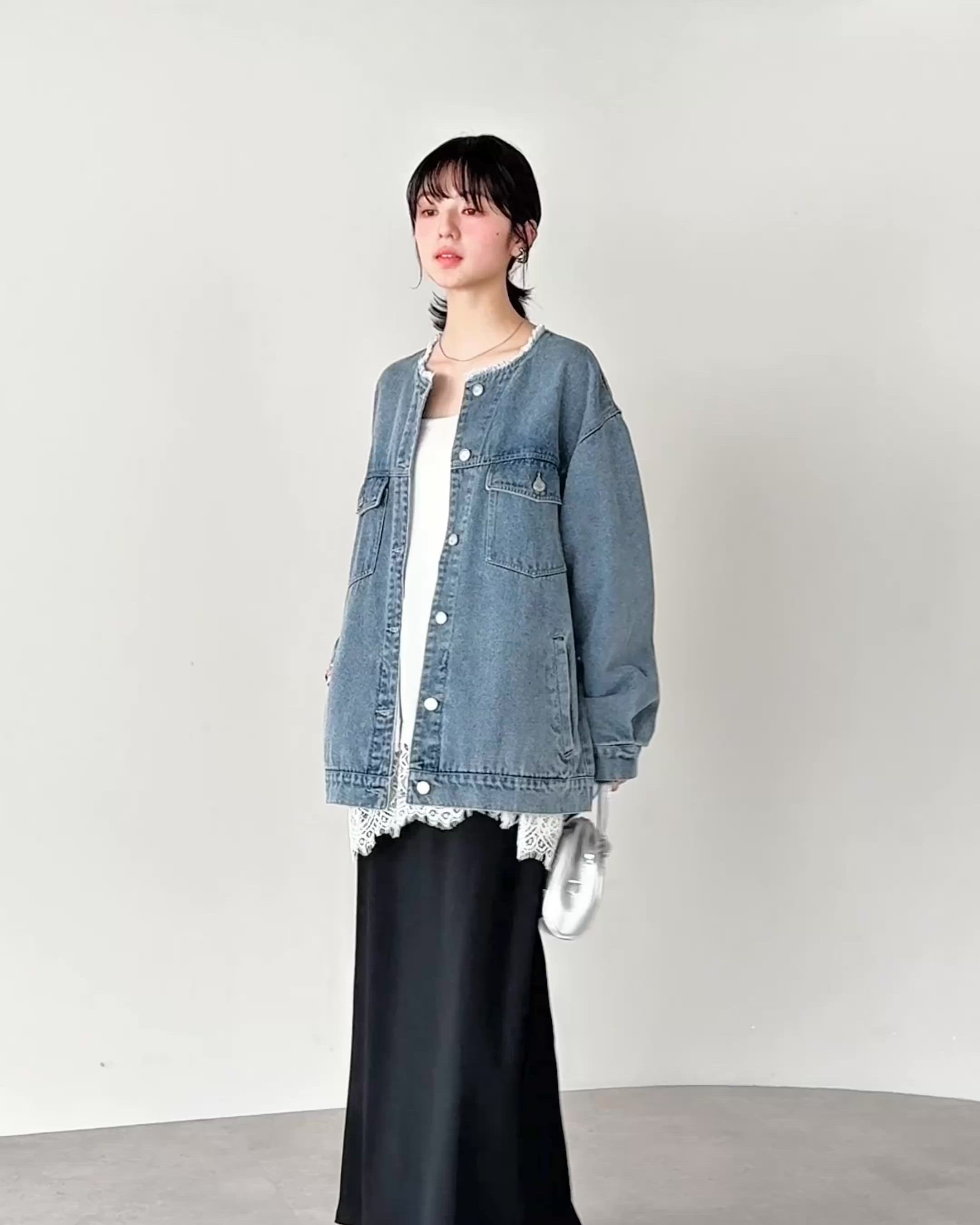 セール】ノーカラーデニムツイルジャケット（デニムジャケット 
