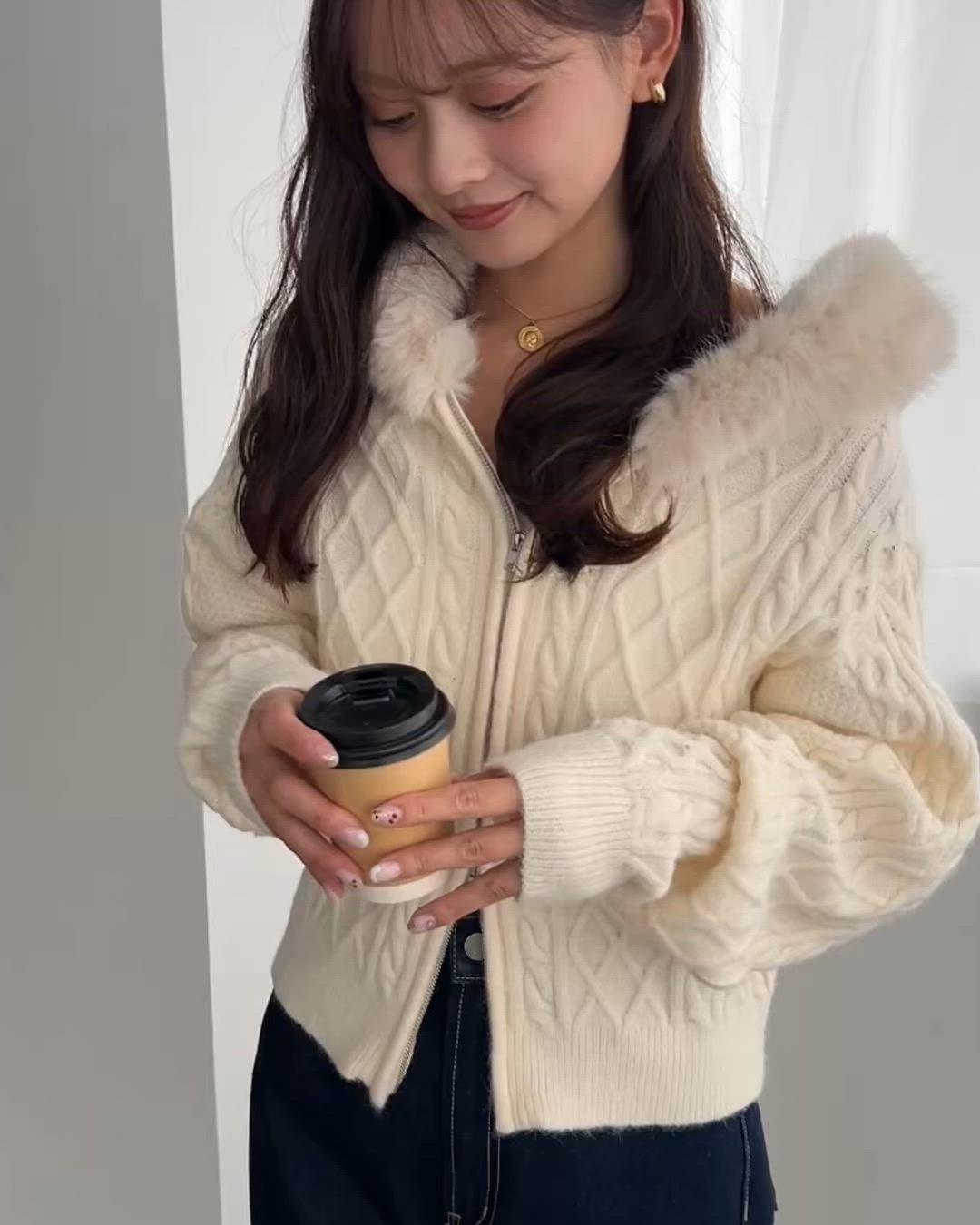 セール】フードファージップアップケーブルニットカーディガン(ジップ