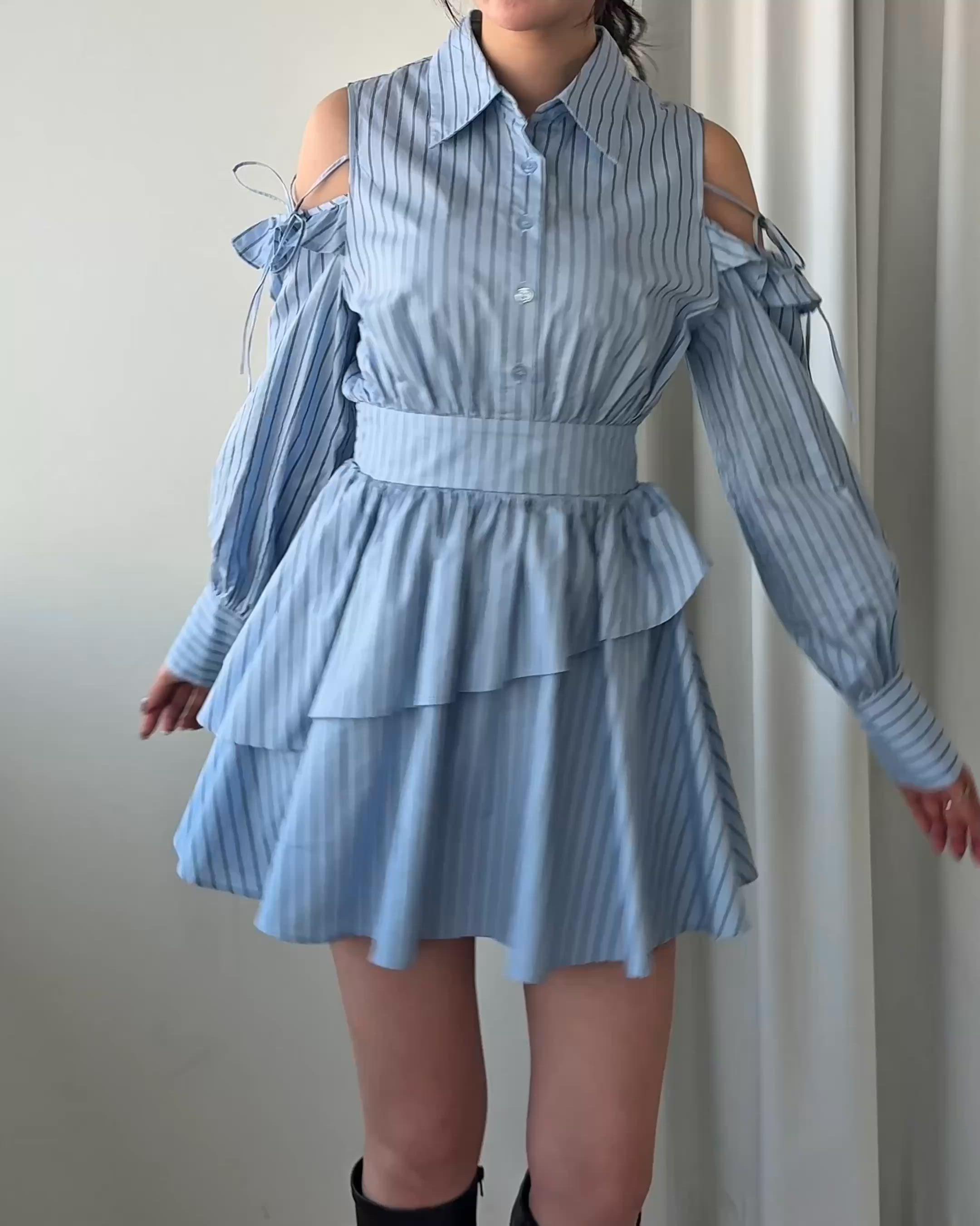 セール】Assortment ribbon open shoulders shirt dress / アソート