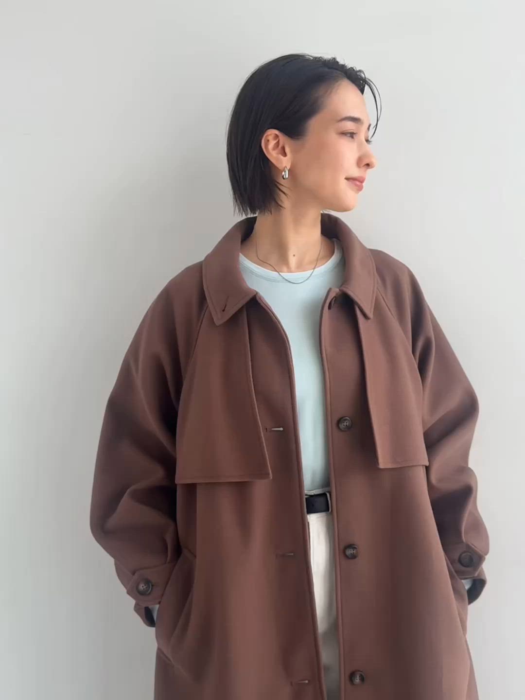 新色追加】ベルト付きフェイクウールロングコート（ステンカラーコート