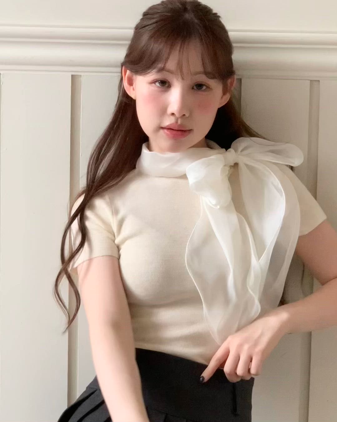 2WAY・着用動画あり・4色展開】シフォンリボンストラップ半袖ニット